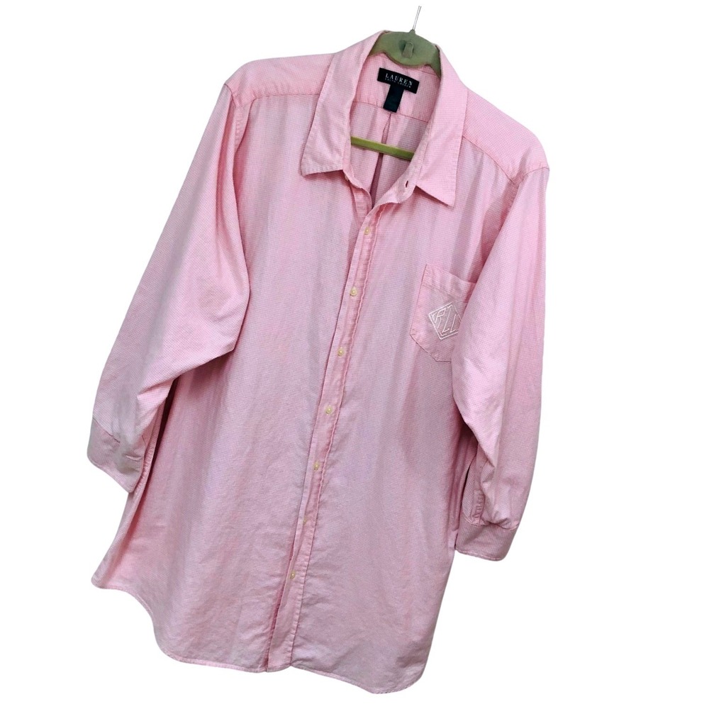 Lauren Ralph Lauren Pink Gingham Monogram Sleep Shirt Preppy Cotton Womens L XL